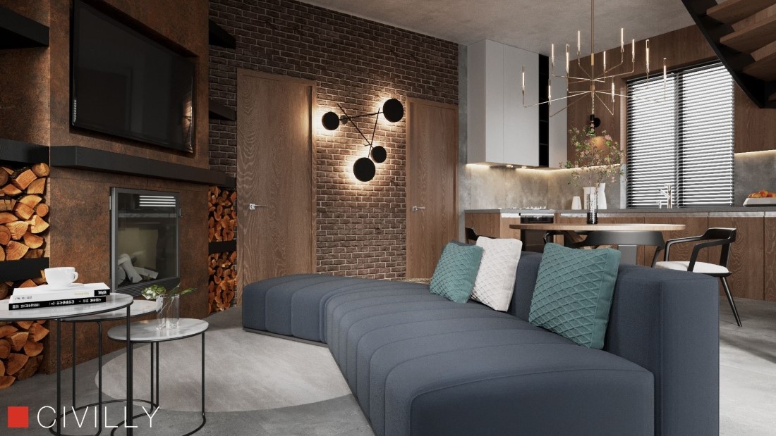 Дизайн-проект интерьера частного дома с элементами лофт. Дом с баней и камином