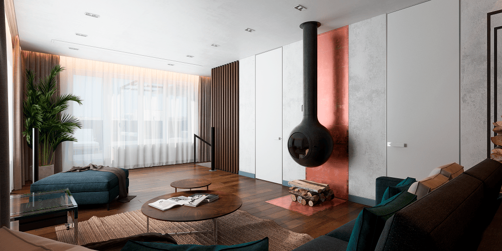 Дизайн кинозала с камином двухуровневого пентхауса с террасой в Киеве ЖК Новопечерские Липки