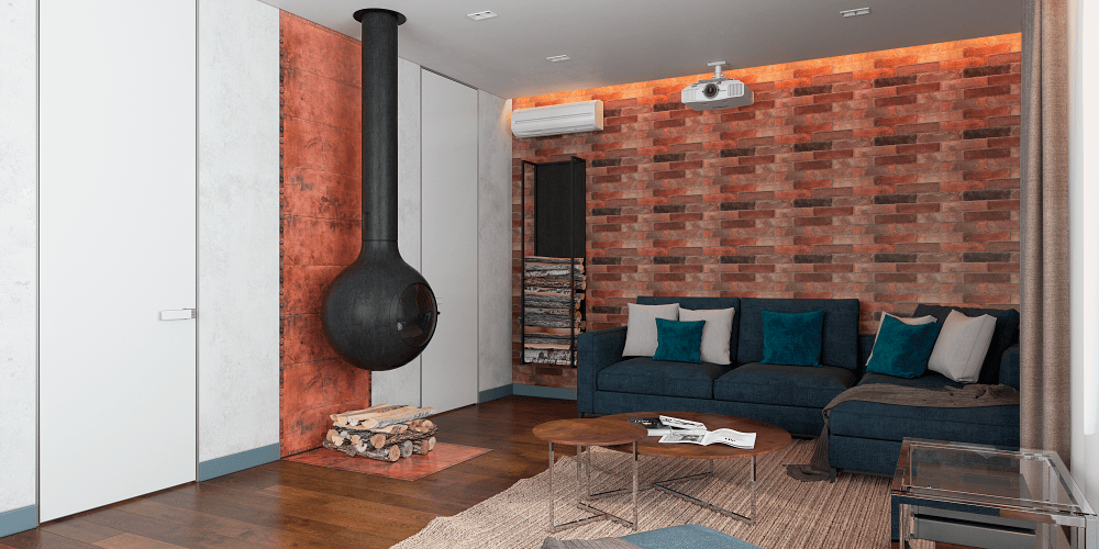 Дизайн кинозала с камином двухуровневого пентхауса с террасой в Киеве ЖК Новопечерские Липки