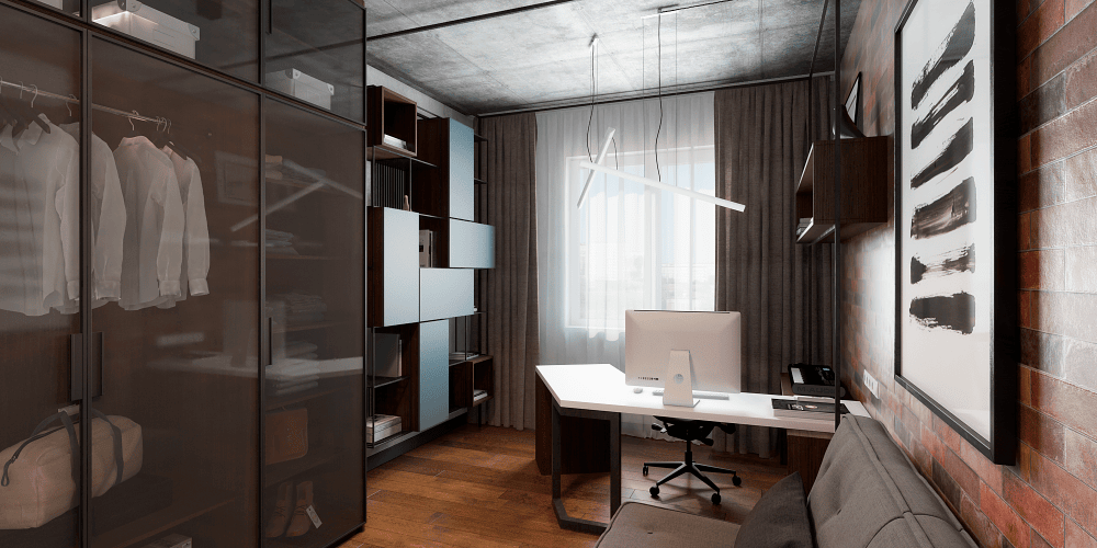 Дизайн кабинета в стиле лофт двухуровневого пентхауса с террасой в Киеве ЖК Новопечерские Липки