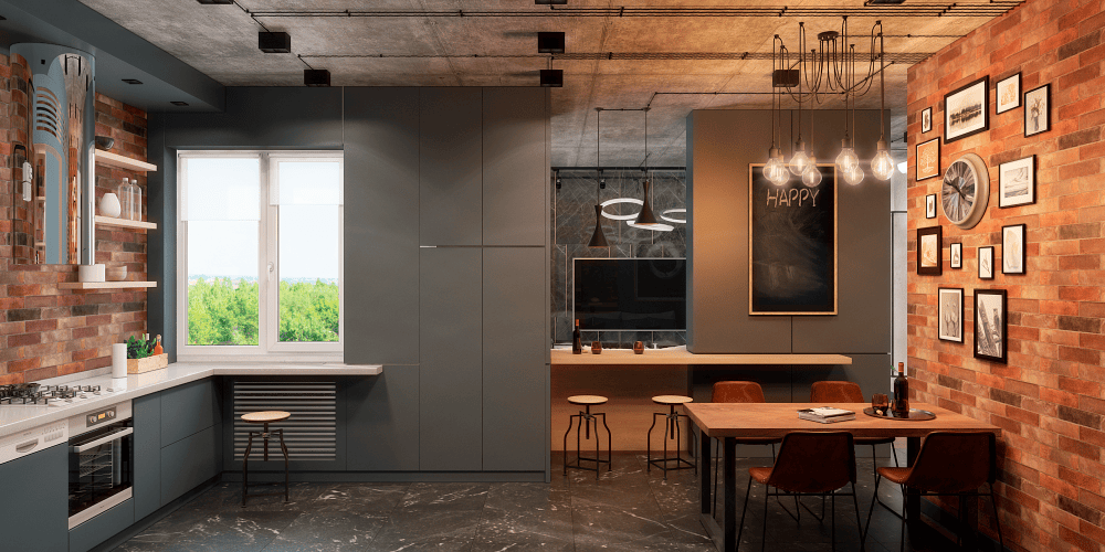 Дизайн кухни с барной стойкой двухуровневого пентхауса с террасой в Киеве ЖК Новопечерские Липки