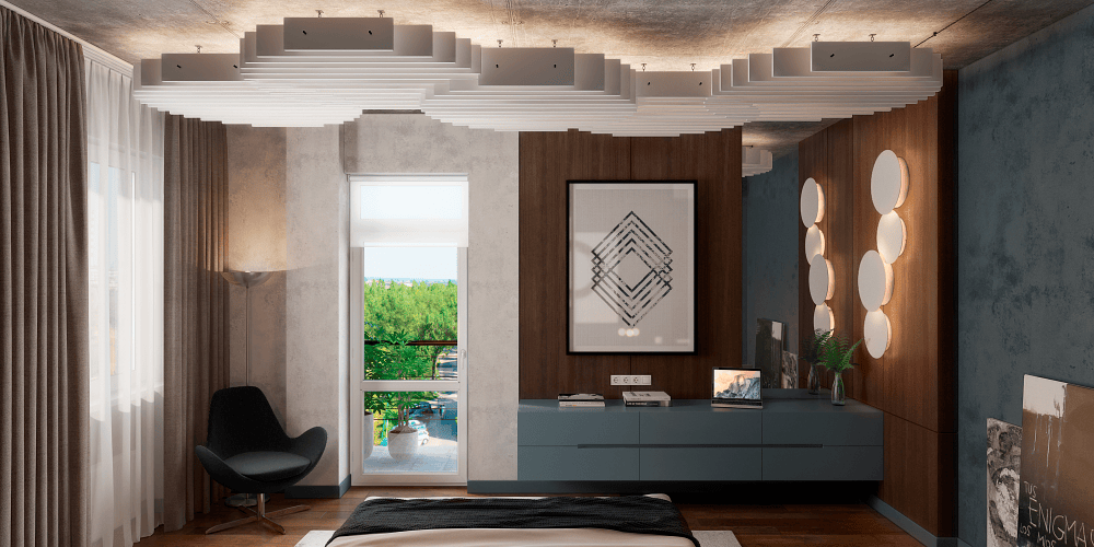 Дизайн спальни двухуровневого пентхауса с террасой в Киеве ЖК Новопечерские Липки