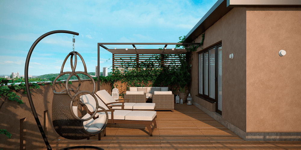 Дизайн террасы с креслом-гамаком двухуровневого пентхауса с террасой в Киеве ЖК Новопечерские Липки