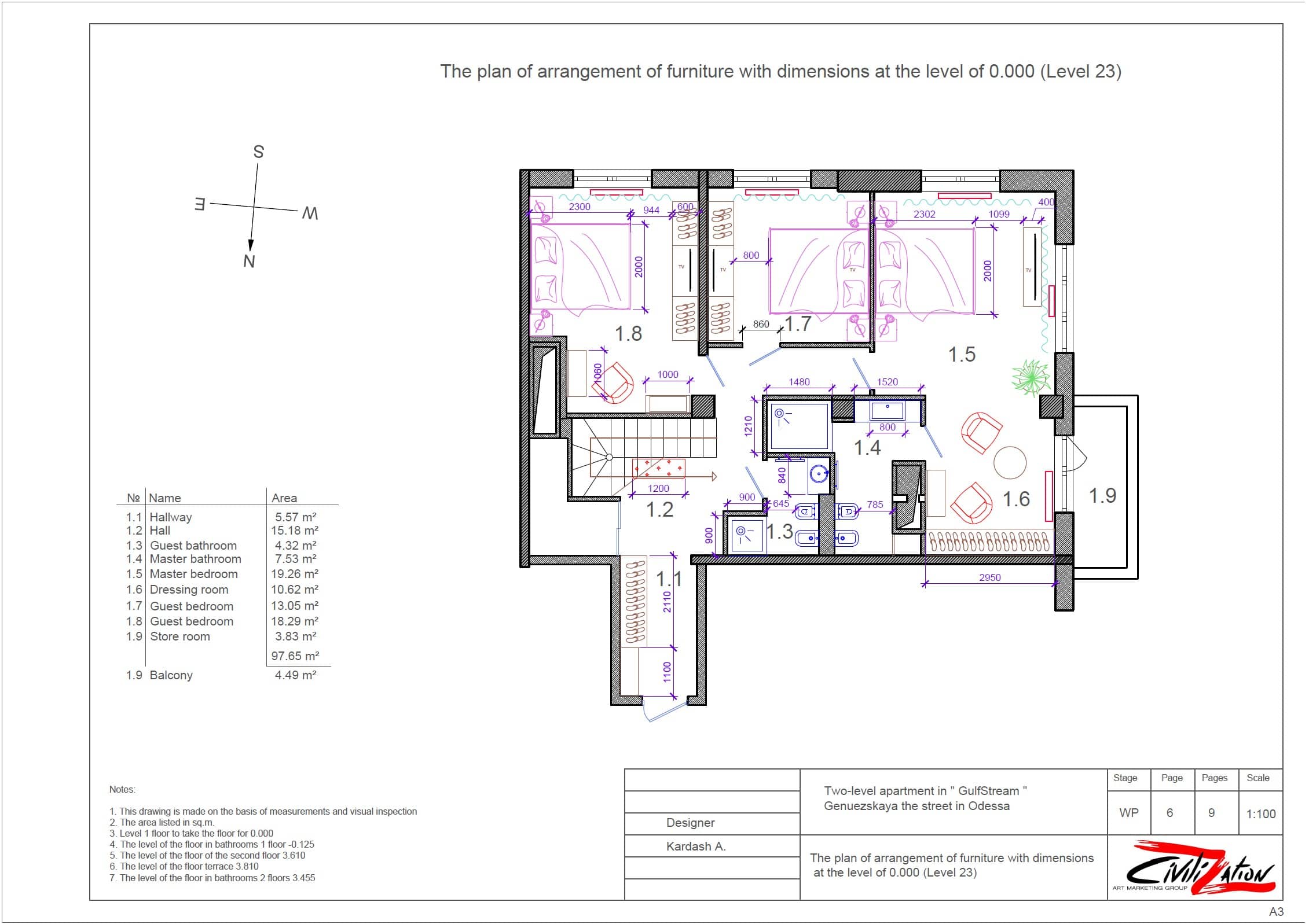 Планировочное решение нижнего этажа пентхауса ЖК Гольфстрим