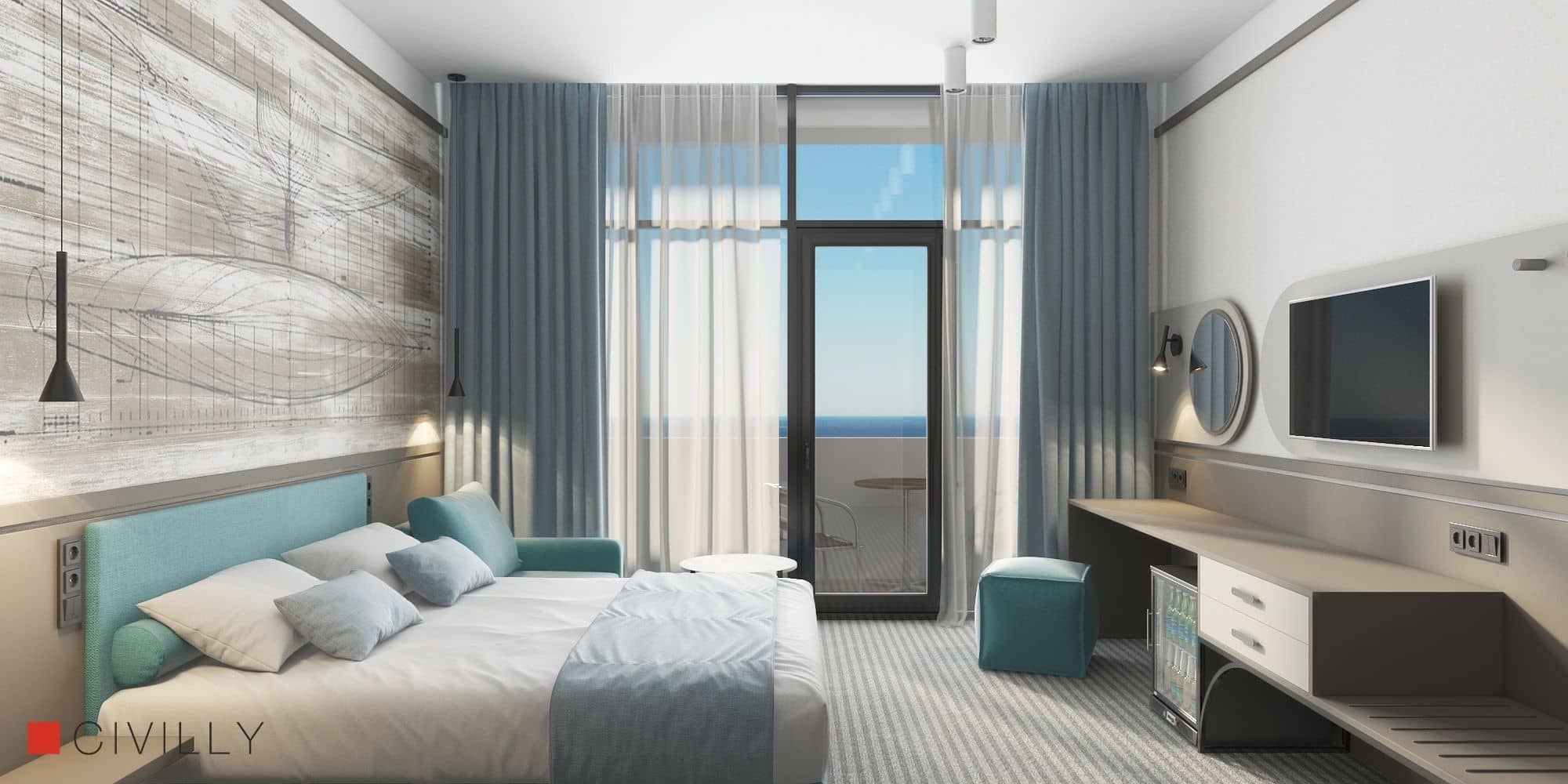 Дизайн интерьера отеля с морской стилистикой Zatoka Deluxe в курортной зоне Одесской области