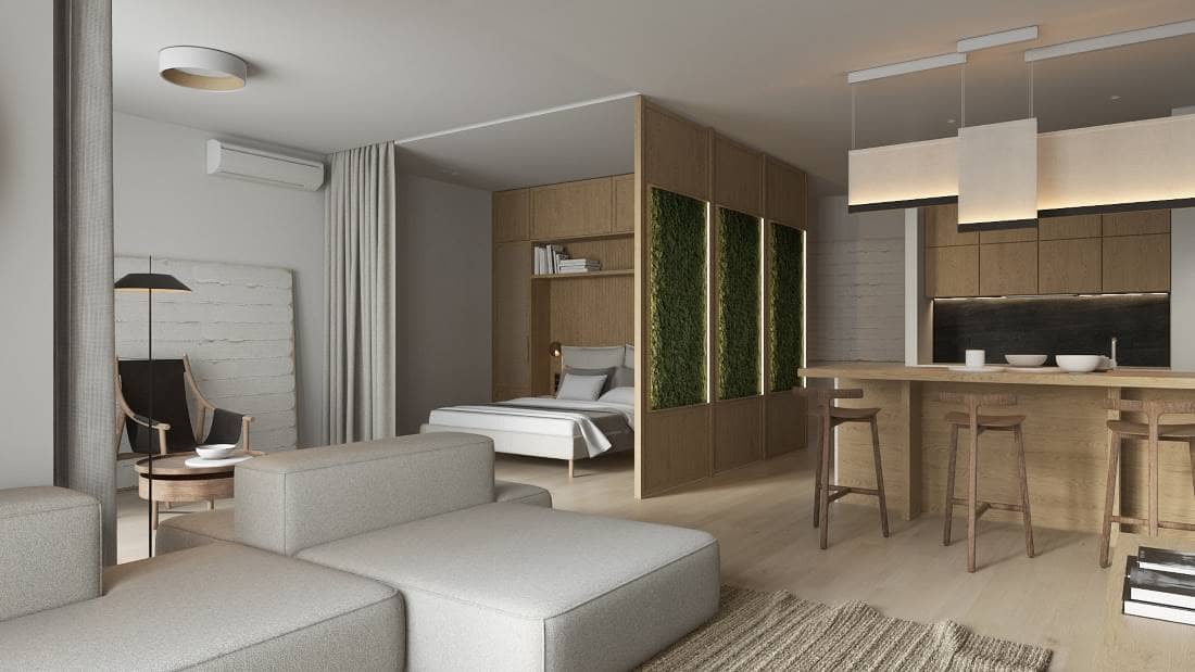 Дизайн интерьера в стиле "Джапанди Ваби-саби" для апартаментов под сдачу в аренду в элитной резиденции ЖК Кандинский