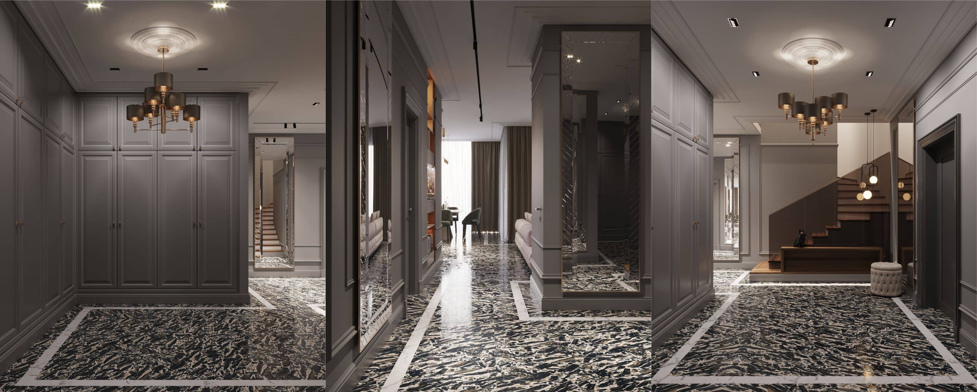 Планировочное решение апартаментов в ЖК "Сапфир" Дизайн холла апартаментов в ЖК "Сапфир" - двухуровневый пентхаус