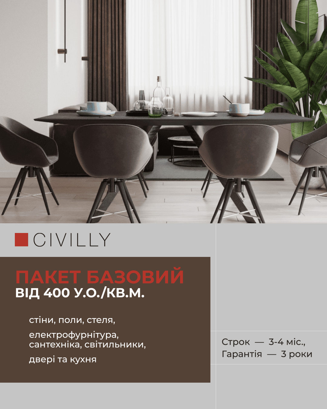 Ціна пакетного ремонту квартири за 1 квадратний метр під ключ. Пакет БАЗОВИЙ Minimal