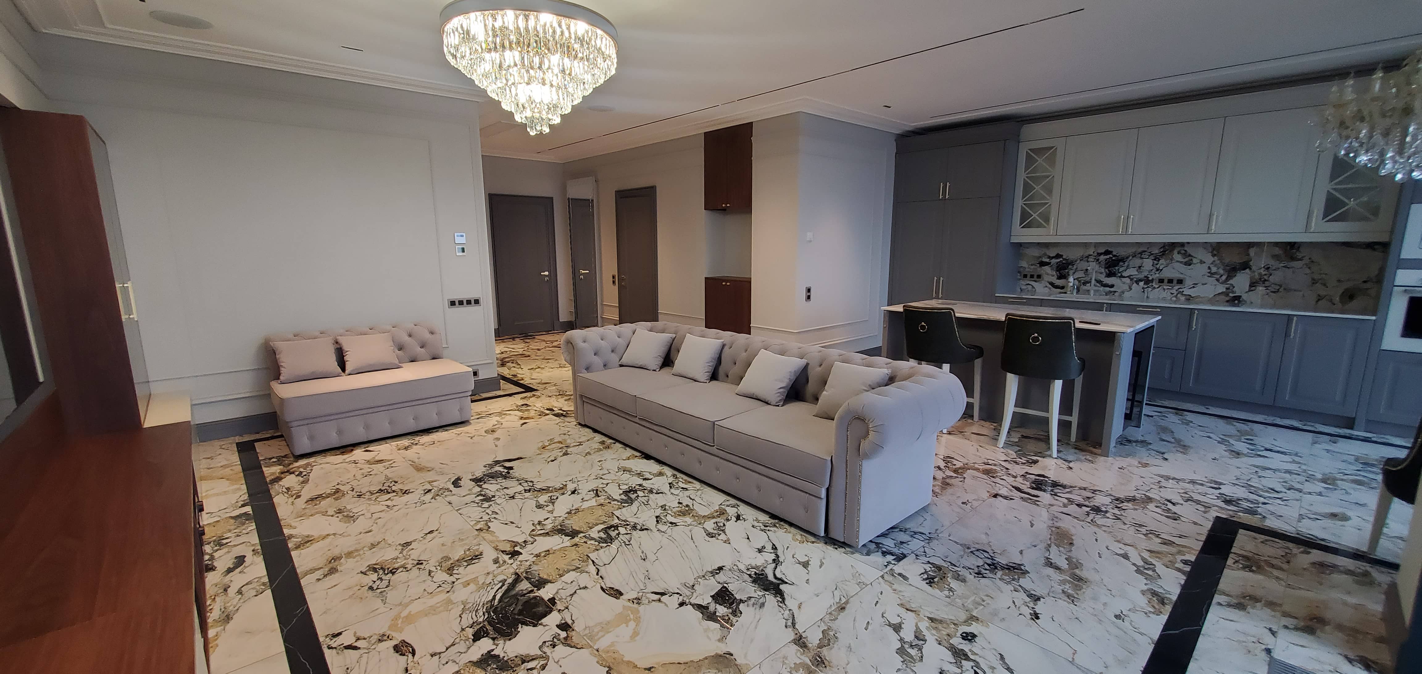 Ремонт пентхауса в ЖК Сапфир — гостиная после ремонта под ключ